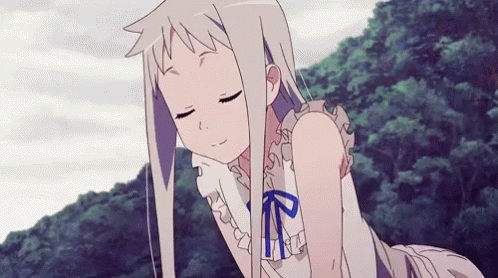 A Girl With Long White Hair Is Laying Down With Her Eyes Closed And A Blue Bow Around Her Neck . GIF