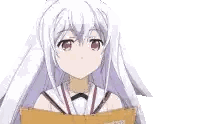 a girl with long white hair is reading a book and making a funny face .