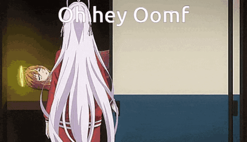A Girl With Long White Hair Is Standing In A Doorway With The Words Oh Hey Oomf Written On It . GIF