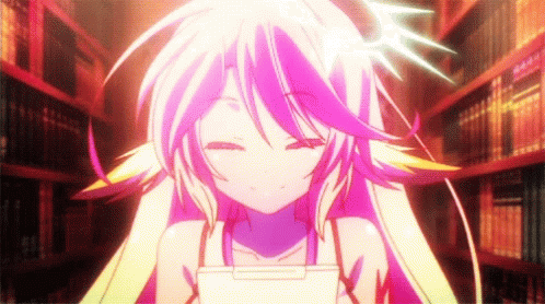 A Girl With Long White Hair Is Standing In Front Of A Bookshelf . GIF