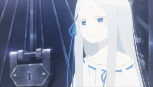 A Girl With Long White Hair Is Standing In Front Of A Lock GIF