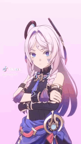 A Girl With Long White Hair Is Standing With Her Arms Crossed . GIF