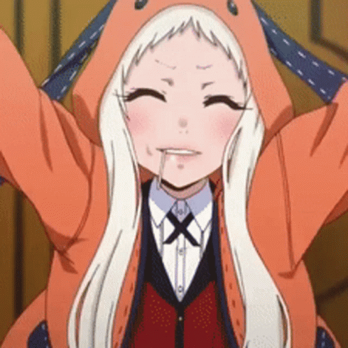 A Girl With Long White Hair Is Wearing An Orange Hoodie And A Suit . GIF