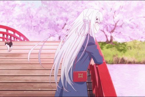 A Girl With Long White Hair Stands On A Bridge With Cherry Blossom Trees In The Background GIF
