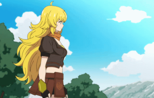 A Girl With Long Yellow Hair Is Standing In Front Of A Blue Sky GIF