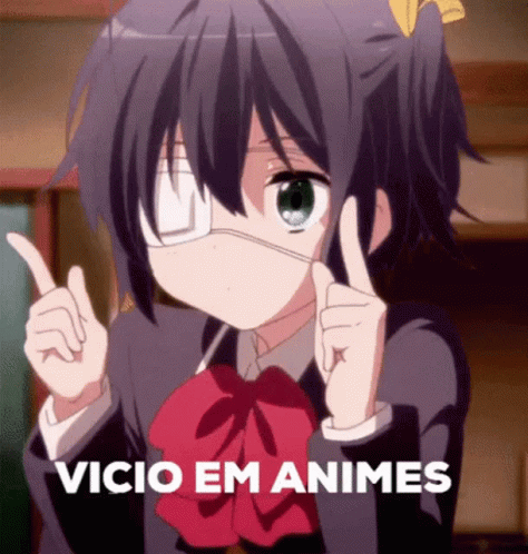 A Girl With One Eye Pointing Up With The Words Vicio Em Animes Written Below Her GIF