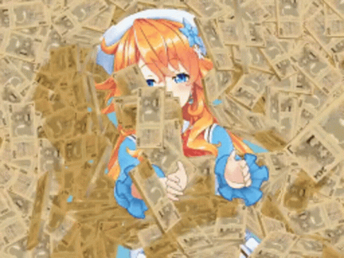 A Girl With Orange Hair And Blue Gloves Is Surrounded By A Pile Of Money That Says 2334 GIF