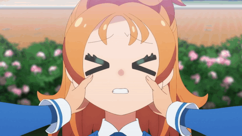 A Girl With Orange Hair Has Her Eyes Closed And Her Hands On Her Face GIF