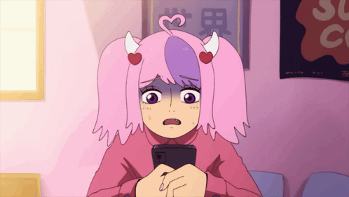 A Girl With Pigtails And Horns Looks At Her Phone GIF