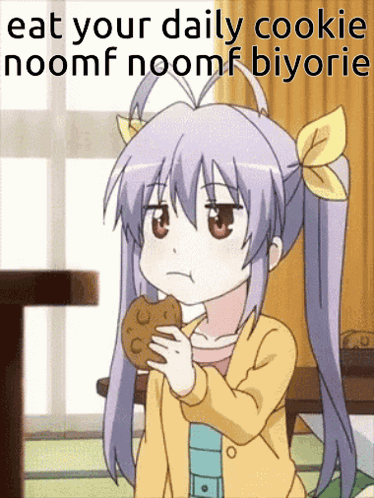 A Girl With Pigtails Is Eating A Cookie With The Words Eat Your Daily Cookie Noomf Noomf Biyorio GIF