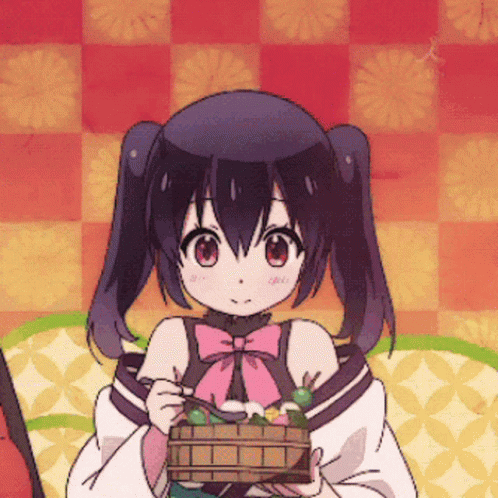 A Girl With Pigtails Is Holding A Basket Of Fruit And Vegetables GIF
