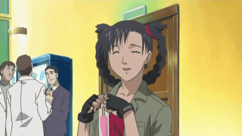 A Girl With Pigtails Is Smiling And Holding A Pink Item GIF