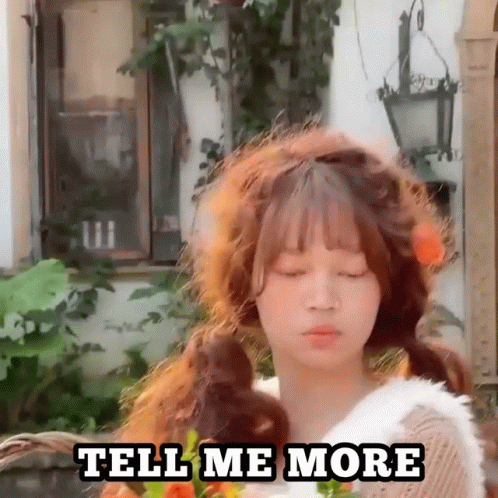 A Girl With Pigtails Is Standing In Front Of A Building And Says Tell Me More . GIF