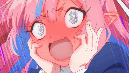 A Girl With Pink And Blue Hair Has A Spiral In Her Eye GIF