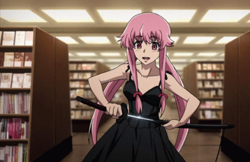 A Girl With Pink Hair And A Black Dress Is Holding A Sword In A Library GIF
