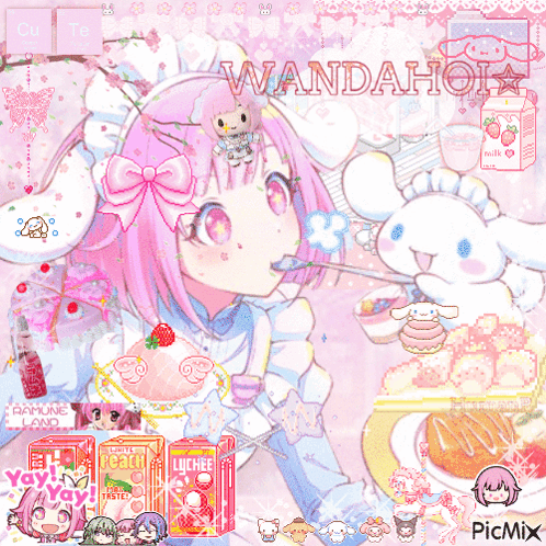 A Girl With Pink Hair And A Bow On Her Head Is Surrounded By Candy And A Box Of Lychee Drink GIF