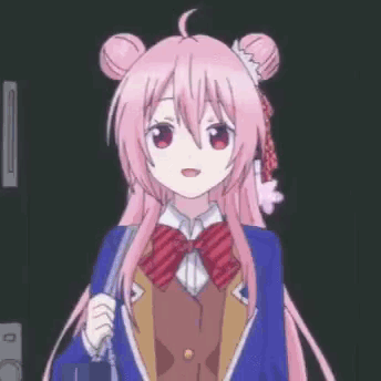 A Girl With Pink Hair And A Bow Tie Is Standing In A Dark Room . GIF