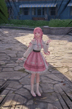 A Girl With Pink Hair And A Pink Dress Is Standing On A Stone Sidewalk . GIF