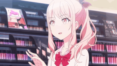 A Girl With Pink Hair And A Red Bow Is Standing In Front Of A Shelf Of Lipsticks GIF