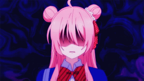 A Girl With Pink Hair And A Red Bow Tie Has Her Eyes Closed GIF