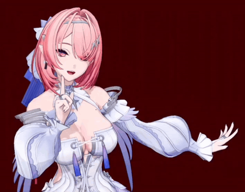 A Girl With Pink Hair And A White Dress Holds Her Finger To Her Mouth GIF