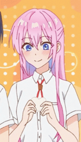 A Girl With Pink Hair And A White Shirt Has A Heart In Her Mouth GIF