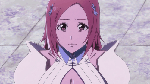 a girl with pink hair and a white shirt has a surprised expression on her face