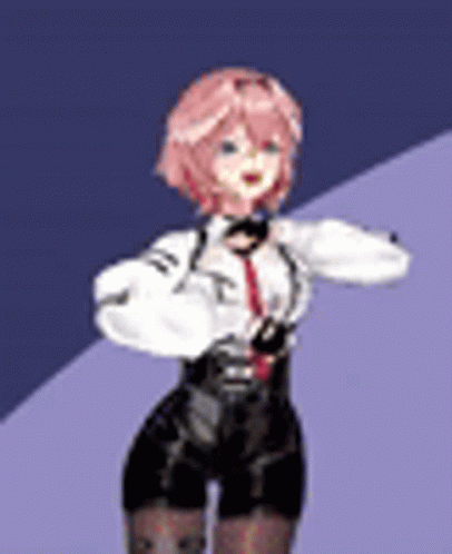 A Girl With Pink Hair And Black Shorts Is Standing In Front Of A Purple Background . GIF