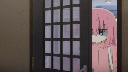 Pink-Haired Girl Peeking Out Door GIF