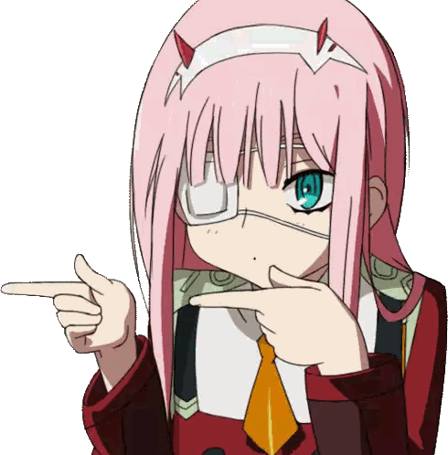 a girl with pink hair and blue eyes is pointing her finger
