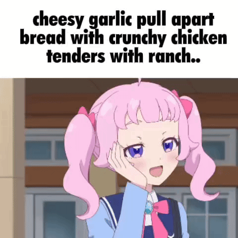 a girl with pink hair and blue eyes is standing in front of a sign that says cheesy garlic pull apart bread