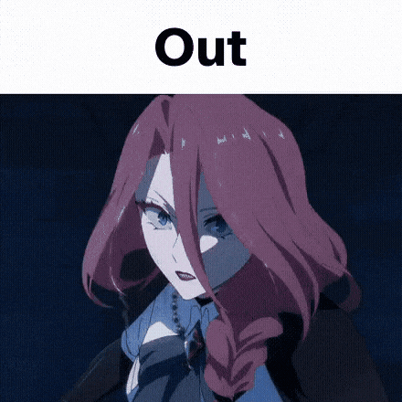 A Girl With Pink Hair And Blue Eyes Is Standing In The Dark With The Words Out Above Her . GIF