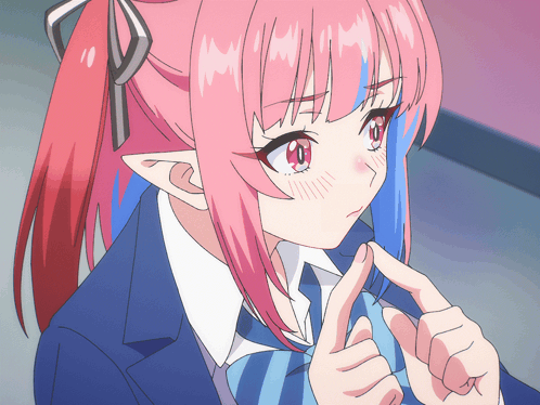 A Girl With Pink Hair And Blue Eyes Is Wearing A Blue And White Striped Tie GIF