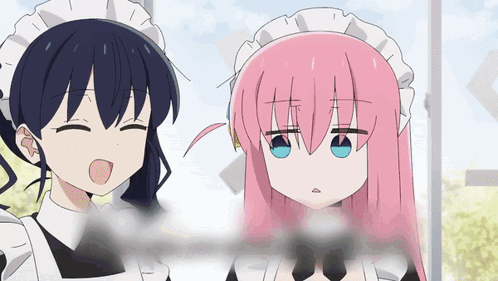 A Girl With Pink Hair And Blue Eyes Is Wearing A Maid Costume GIF
