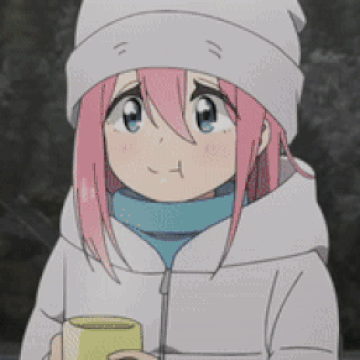 A Girl With Pink Hair And Blue Eyes Is Wearing A White Hat And Holding A Cup . GIF