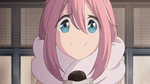 A Girl With Pink Hair And Blue Eyes Is Wearing A White Scarf GIF