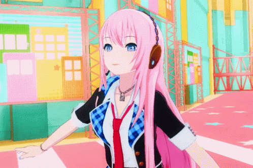 A Girl With Pink Hair And Blue Eyes Is Wearing Headphones And A Plaid Shirt GIF