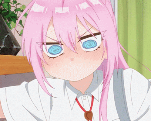 A Girl With Pink Hair And Blue Eyes Making A Face GIF