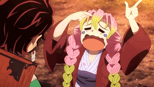 A Girl With Pink Hair And Braids Is Pointing At Another Girl GIF