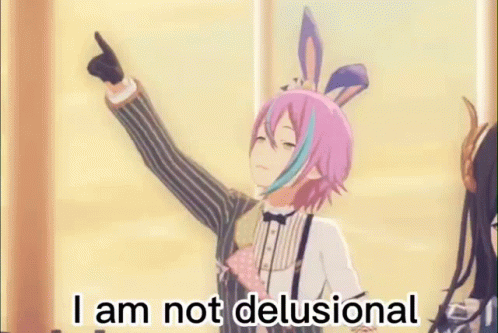 A Girl With Pink Hair And Bunny Ears Is Pointing Up And Saying `` I Am Not Delusional '' . GIF