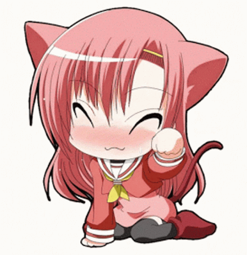 A Girl With Pink Hair And Cat Ears Is Kneeling Down And Pointing GIF