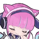 a girl with pink hair and cat ears is wearing headphones and smiling .