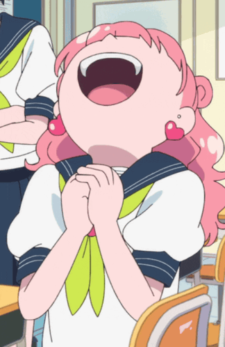 A Girl With Pink Hair And Earrings Is Laughing With Her Mouth Open GIF
