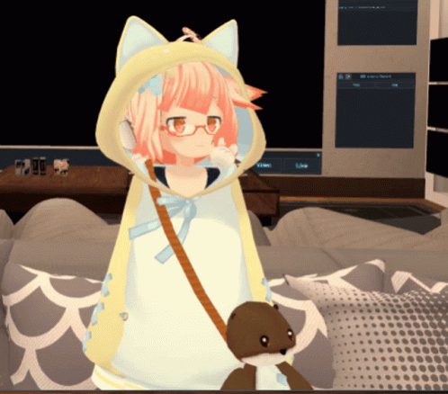 A Girl With Pink Hair And Glasses Is Standing Next To A Stuffed Animal And A Couch GIF
