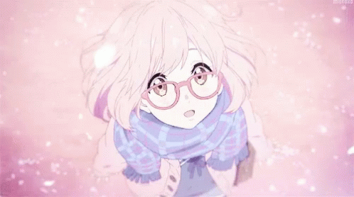 A Girl With Pink Hair And Glasses Is Wearing A Scarf And Looking Up . GIF