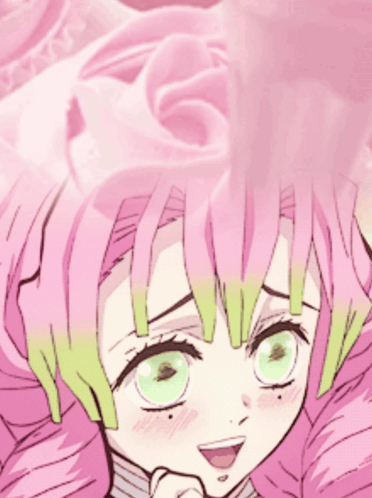 A Girl With Pink Hair And Green Eyes Has A Flower In Her Hair GIF