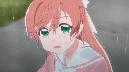A Girl With Pink Hair And Green Eyes Is Crying In The Rain GIF