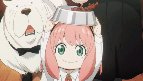 A Girl With Pink Hair And Green Eyes Is Holding A Bowl Of Food On Her Head GIF