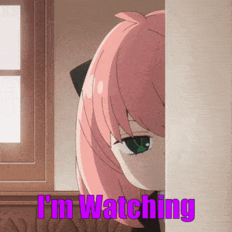 a girl with pink hair and green eyes is peeking out from behind a wall and the words i 'm watching are above her