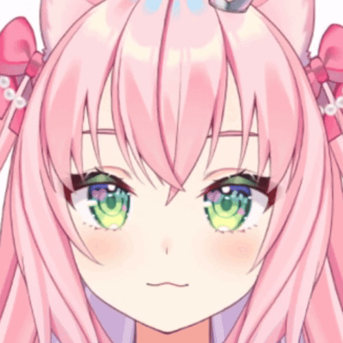 A Girl With Pink Hair And Green Eyes Looks At The Camera GIF